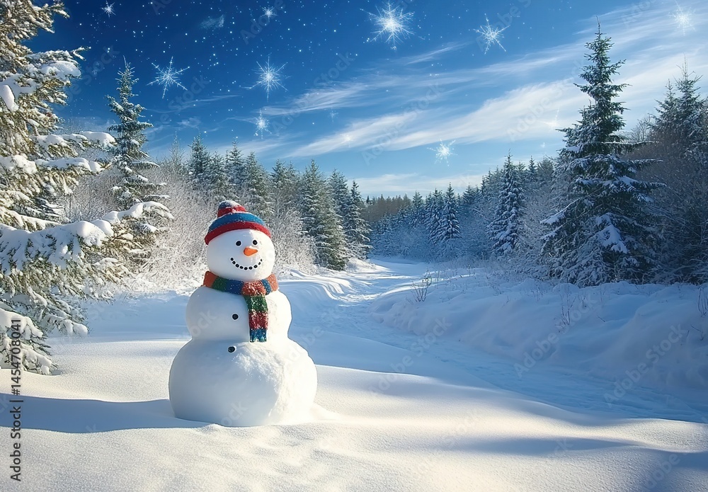 Obraz premium Two snowmen in a snowy forest under a starry sky with bright sunlight.