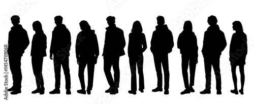 Silhouettes of men and women, group standing business people, vector, profile, black color isolated on white background