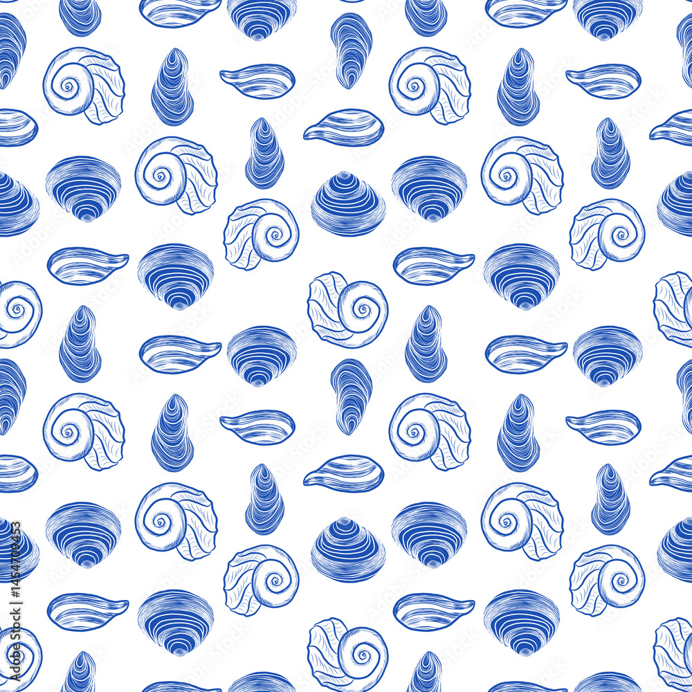 Seamless Nautical Pattern with Blue and White Marine Elements Seamless Nautical Pattern with Blue and White Marine Elements
