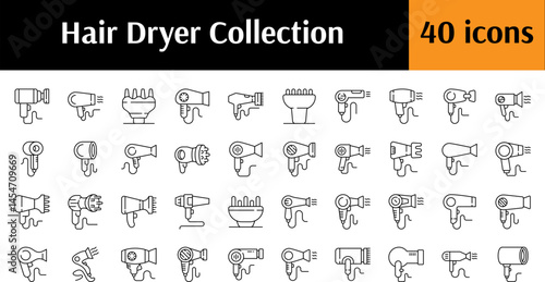 Hair Dryer Line Icon Set. Minimalistic Linear Pictogram for Web and Graphic Design, Apps, Banners, Social Network and Cards