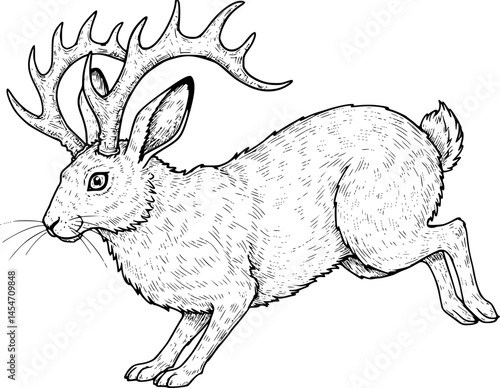 Jackalope hare with horns folklore magic animals set hand drawn line art gothic tattoo design isolated vector illustration
