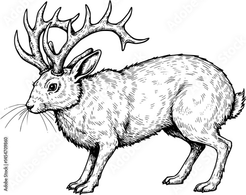 Jackalope hare with horns folklore magic animals set hand drawn line art gothic tattoo design isolated vector illustration