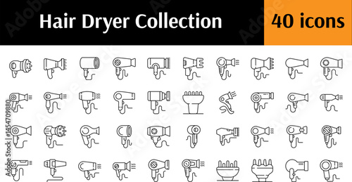 Set of Line Icons of Hair Dryer. Minimalistic Linear Pictogram for Web and Graphic Design, Apps, Banners, Social Network and Cards