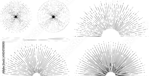 Hand drawn set of sunburst etching style frame rays vector illustration