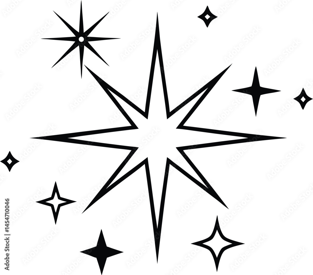Obraz premium Minimalist Sparkle Icon Set – Hand Drawn Star Burst Symbols in Black Outline 