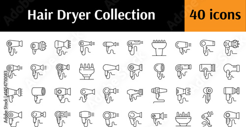 Bundle of Line Icons of Hair Dryer. Minimalistic Linear Pictogram for Web and Graphic Design, Apps, Banners, Social Network and Cards
