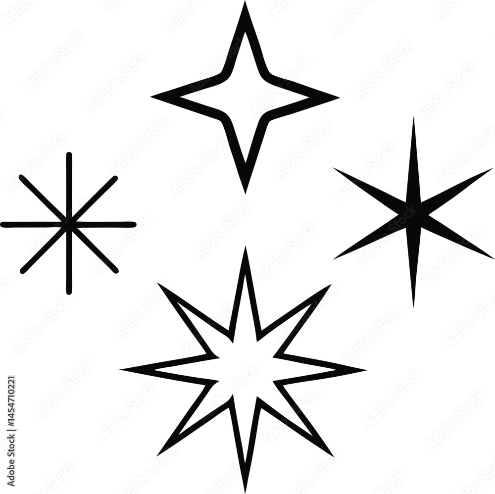 Fototapeta premium Minimalist Sparkle Icon Set – Hand Drawn Star Burst Symbols in Black Outline 