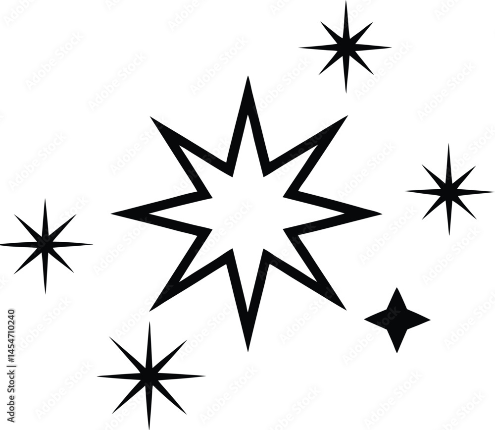 Obraz premium Minimalist Sparkle Icon Set – Hand Drawn Star Burst Symbols in Black Outline 