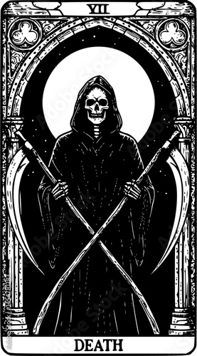 Tarot card Death Grim Reaper with the scythes in front of the gothic arch with moon vector illustration. Hand drawn gothic style placard, poster or print design