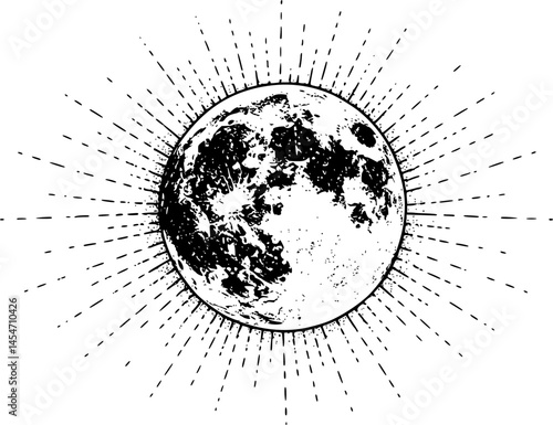 Antique style hand drawn line art and dot work full moon with rays of light. Boho chic tattoo or print design vector illustration.