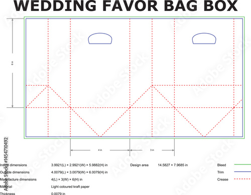 Wedding Favor Bag Box Blueprint Technical Drawing With Dimensions In Inches