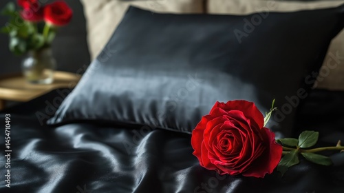 Red rose on a silk black bedding on a bed. Close-up.