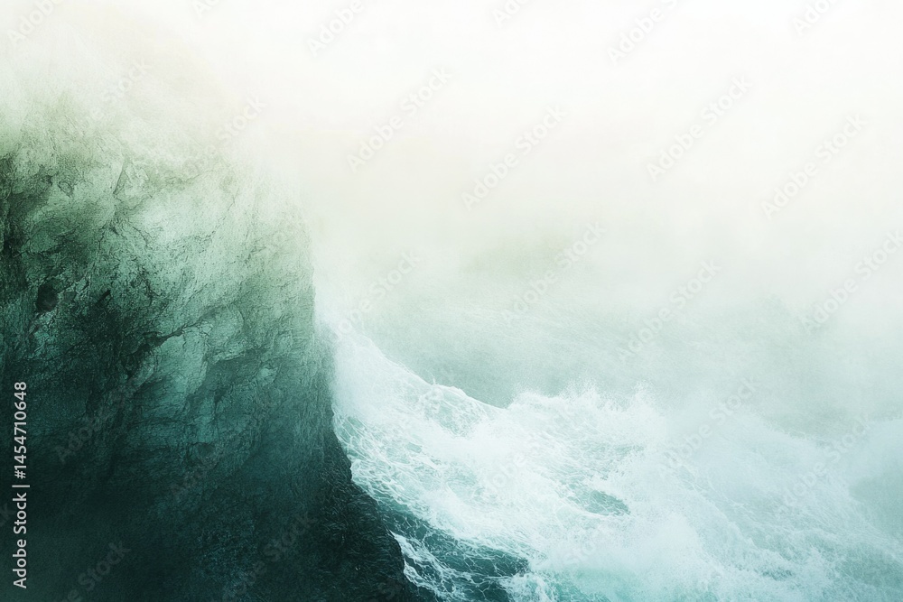 Obraz premium Misty, teal-toned waves crash against a dark, rocky shore, creating a dramatic, ethereal scene.