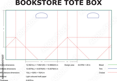 Bookstore Tote Box Blueprint Technical Drawing Template With Dimensions And Crease Lines