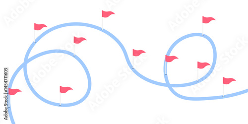 Curvy road marked by red flags guiding through winding paths