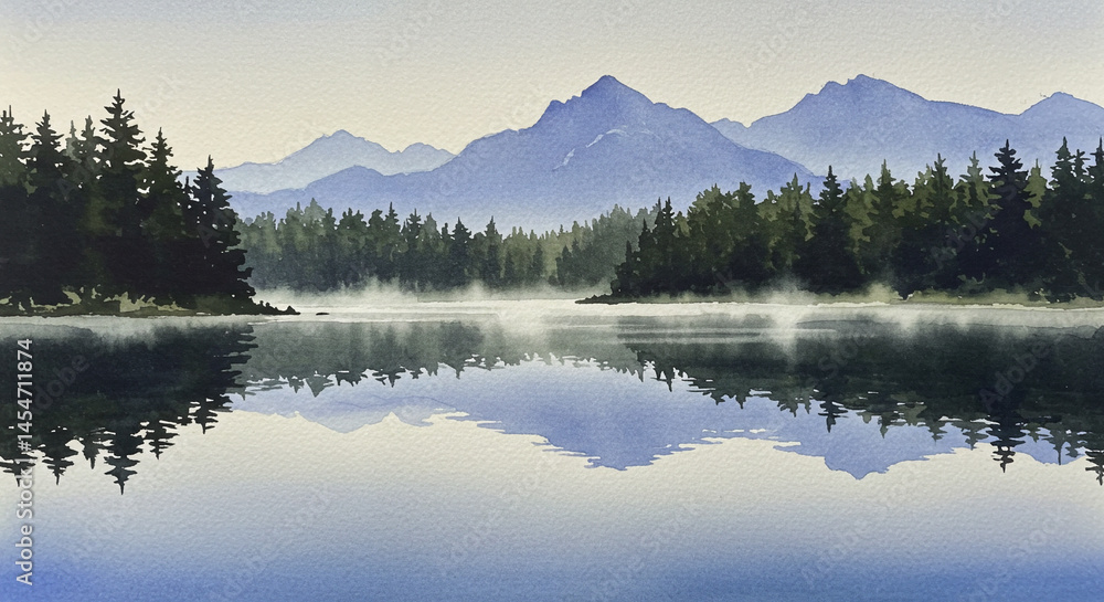 Fototapeta premium Serene lake reflecting mountains, a watercolor landscape painting, for calming backgrounds
