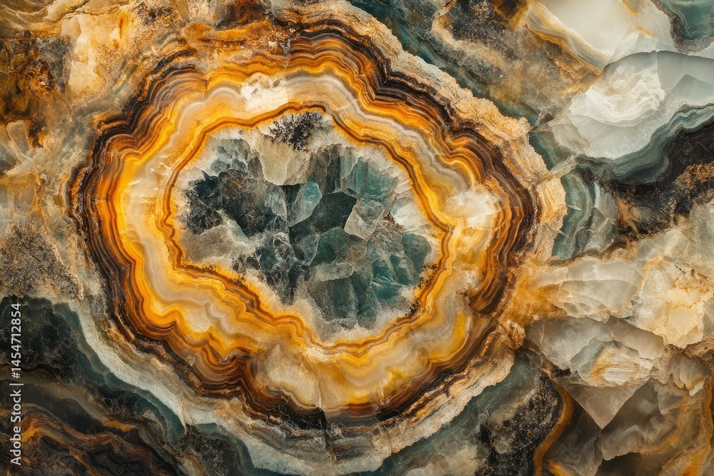 Fototapeta premium Stunning agate geode with concentric bands of yellow, brown, and grey, showcasing intricate crystal formations.