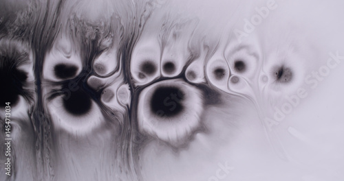 Dye blot. Wet blob. Black splotch paint drop on white acrylic flow. Art blending gray stream abstract explosion dissolve blur background.