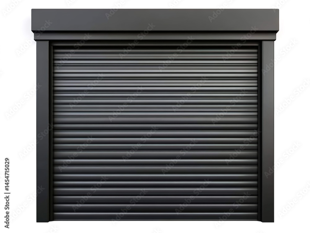 A dark gray metal rolling shutter door with simple top decoration, against a pure white background, 3D rendering. A dark gray metal rolling shutter door with simple top decoration, against a pure white background, 3D rendering.