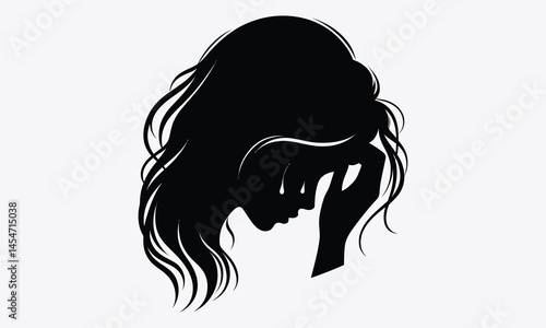 side view of sorrowful young woman with head bowed and hand on forehead, depression concept 