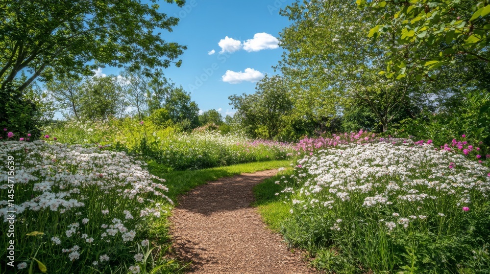Obraz premium Sunlit Garden Path with Blooming Flowers