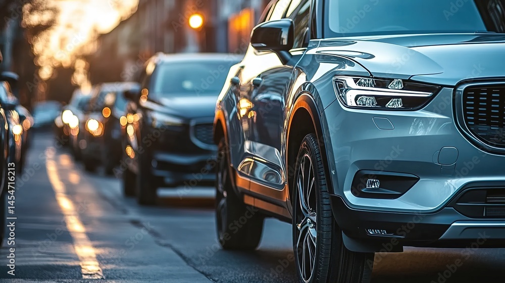 A row of cars parked on the street, their bodies reflecting the warm light of the setting sun, with autumn trees in the background, golden - yellow leaves, and a wet brick road surface A row of cars parked on the street, their bodies reflecting the warm light of the setting sun, with autumn trees in the background, golden - yellow leaves, and a wet brick road surface