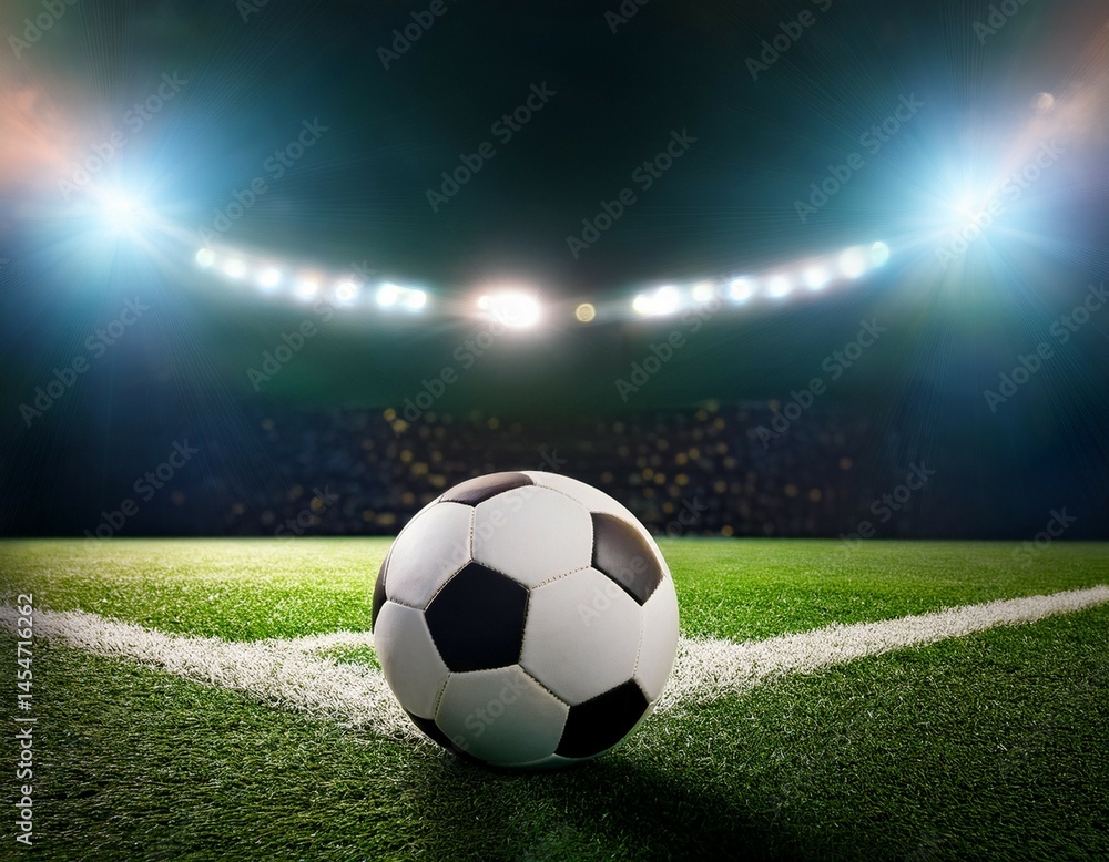 Fototapeta premium soccer ball in a stadium with lights a classic black and white soccer ball on green grass in the center of a stadium illuminated by spotlights