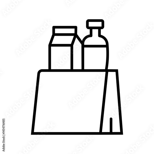 Vector line icon of a full grocery basket, filled with food items such as fruits, vegetables, bread, and packaged goods. This icon symbolizes shopping, healthy eating, organic food, or food distributi