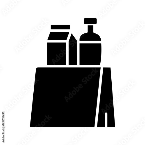 Vector line icon of a full grocery basket, filled with food items such as fruits, vegetables, bread, and packaged goods. This icon symbolizes shopping, healthy eating, organic food, or food distributi