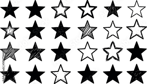 Stars set, hand drawn sketch, doodle vector illustration. Black symbols drawn by brush, pen, ink, Isolated on white background. Cool trendy handdrawn set for logo, textile print, fabric design