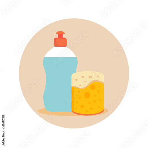Blue and orange dish soap with sponge in flat style