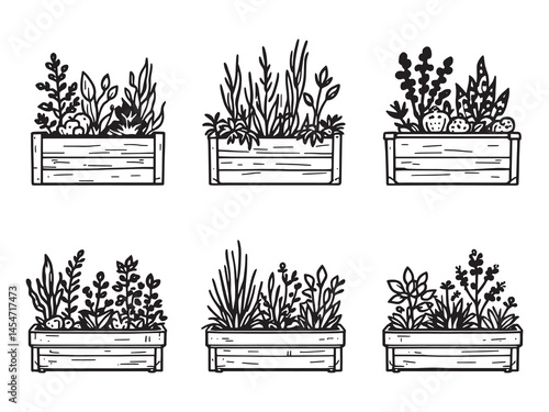 Line art raised garden bed for landscaping illustrations
