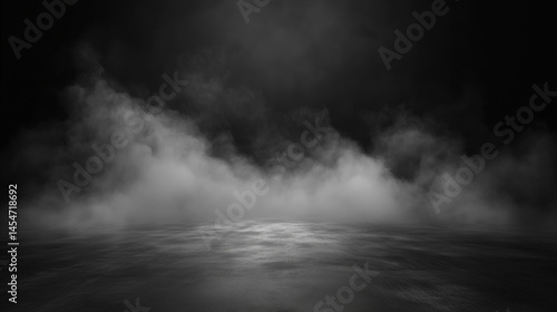 Explosion of smoke of white color on a black wet reflecting floor and background.