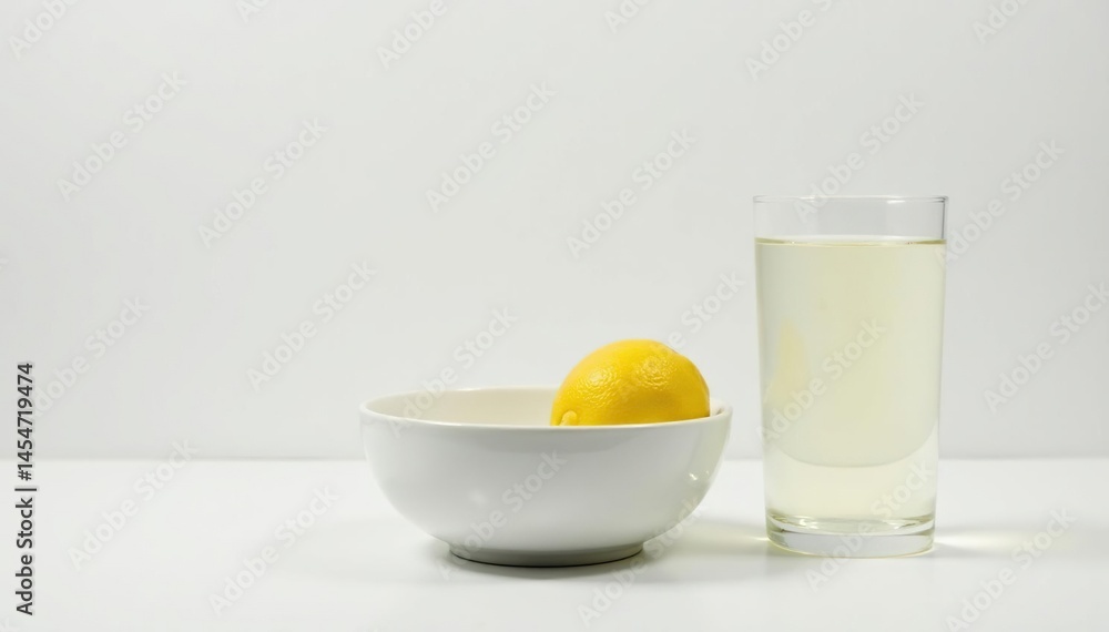 Empty bowl with lemon & glass of water on white backdrop , therapy, vitamins Empty bowl with lemon & glass of water on white backdrop , therapy, vitamins