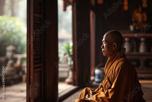 A Zen monk lives a quiet serene life within the temple walls surrounded by minimalist decor meditating peacefully in the stillness of the morning