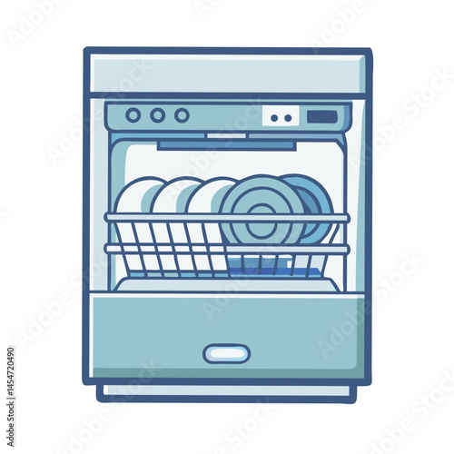 Modern dishwasher with full racks of tableware icon