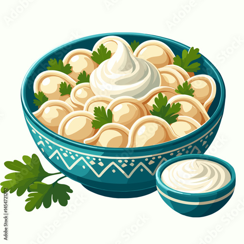 Russian pelmeni in a bowl with sour cream and parsley, colored vector on white background