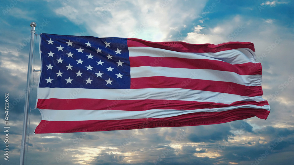 American flag waving in the wind, symbolizing patriotism, freedom, and national pride with vibrant red, white, and blue colors.
