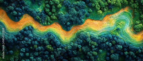 Dense forest and river system showcase nature's artistry, with vibrant greens contrasting against earthy tones, creating serene, untouched landscape.
