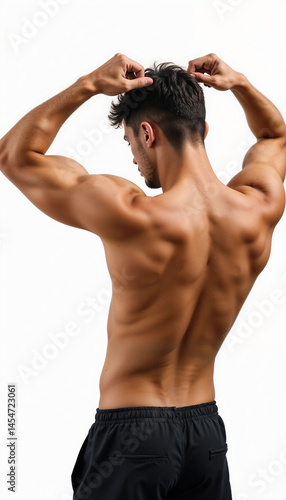 Athletic man flexing muscles against a plain white background  