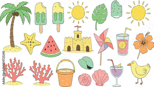 Summer beach icon. Sea vacation vector. Crayon doodle sticker set with sun, palm, shell, flower, watermelon, coral, sand castle. Chalk travel illustration. Summer holiday element.