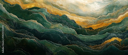 Abstract landscape showcases layered textures, blending deep green and gold hues into an ethereal, wavy surface.