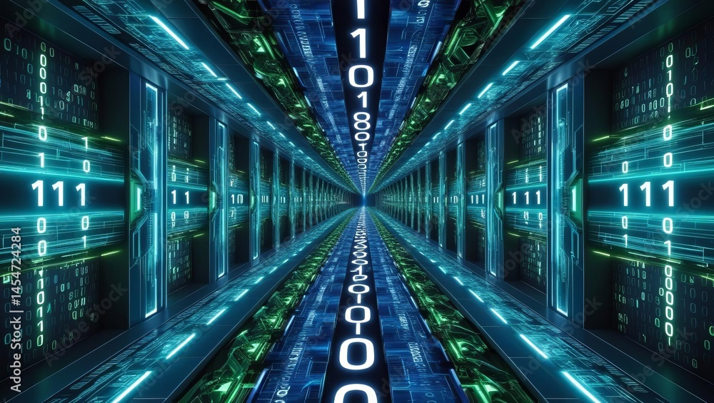 Fototapeta premium Futuristic Data Center with High Speed Servers and Digital Binary Code in a Technological Virtual Environment