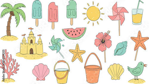 Summer beach icon. Sea vacation vector. Crayon doodle sticker set with sun, palm, shell, flower, watermelon, coral, sand castle. Chalk travel illustration. Summer holiday element.