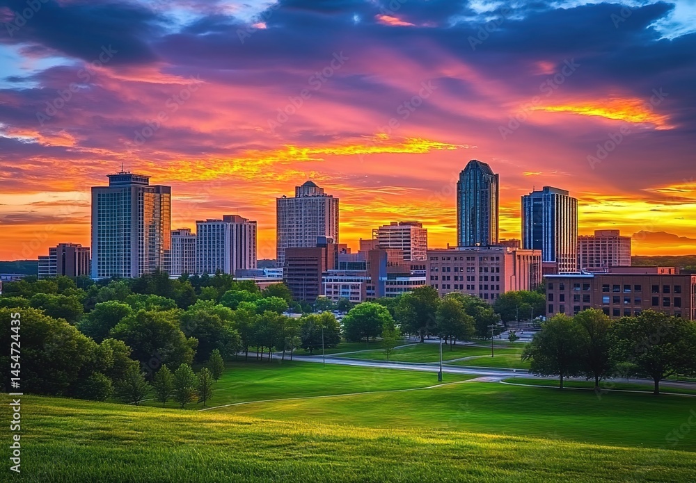 Fototapeta premium A realistic - style photographed picture. In the foreground is a rolling, sun - dappled green lawn. In the background is the city skyline