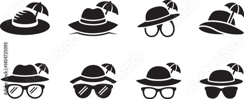 Summer Hat and Sunglass icon set , Perfect for Vacation silhouette vector illustration.