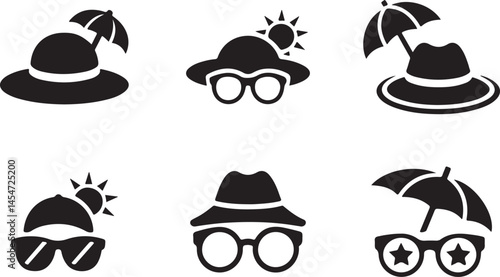  Summer Hat and Sunglass icon set , Perfect for Vacation silhouette vector illustration.