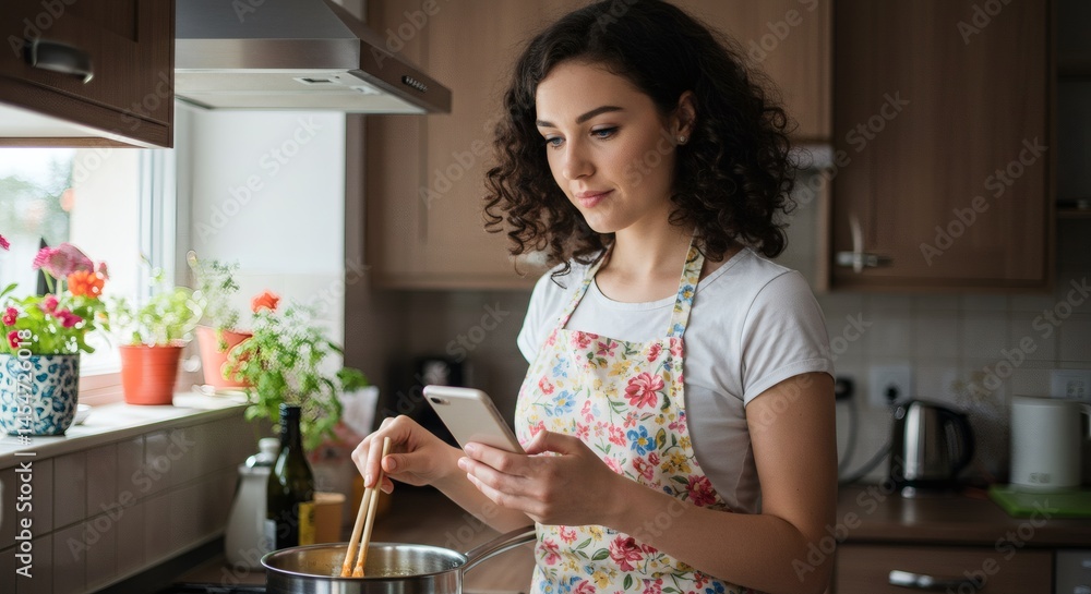 Woman cooking while using her phone in a bright kitchen with flowers and cooking utensils visible Woman cooking while using her phone in a bright kitchen with flowers and cooking utensils visible