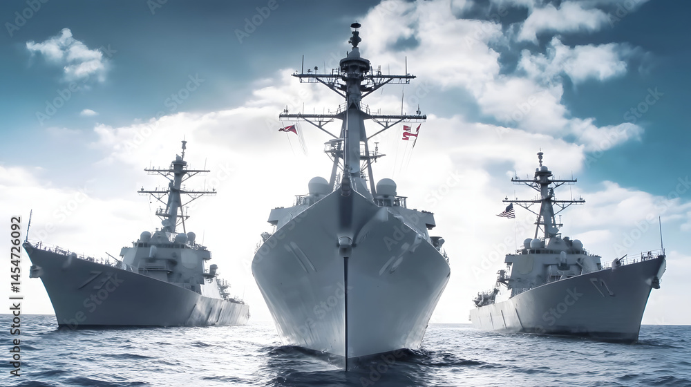 Realistic photograph of U.S. Navy ships sailing in formation on open water, showcasing military power, naval strength, and maritime defense under dramatic cinematic lighting
Realistic photograph of U.S. Navy ships sailing in formation on open water, showcasing military power, naval strength, and maritime defense under dramatic cinematic lighting