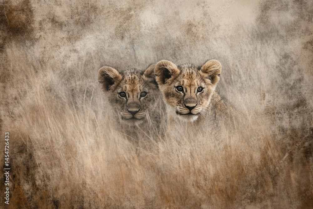 Obraz premium Two adorable lion cubs peering from tall grass, a captivating wildlife scene.